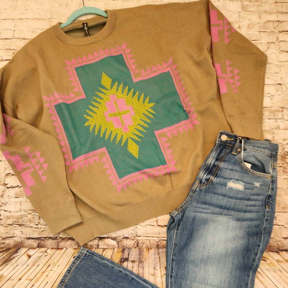 Tan Sweater with Pink and Teal Geometric Design